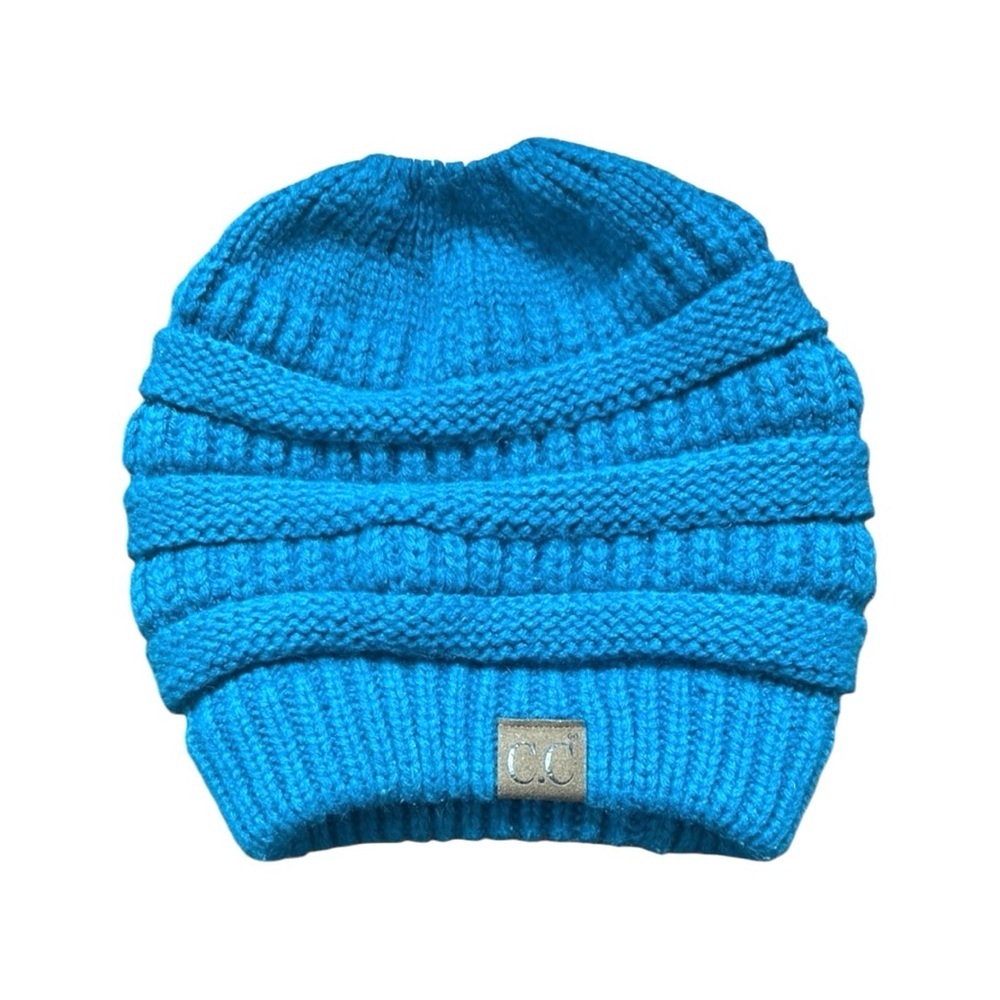 C.C Blue Teal Hat Beanie With Ponytail Hole Knit Winter Acrylic